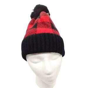 Beanie black and red plaid knit cuffed with pompom